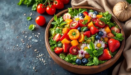 Healthy vegetable salad with fresh strawberries, blueberries, cherry tomatoes and basil in a bowl on a dark background