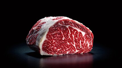 Wagyu beef ribeye steak presenting intricate marbling on a dark background, highlighting its premium quality and tenderness, ideal for gourmet cooking and fine dining experiences