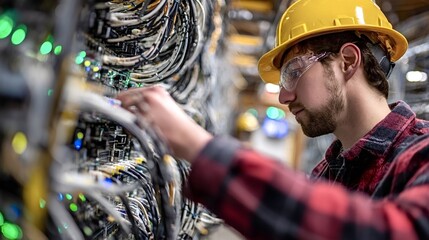 Male it technician wearing a hard hat and safety glasses, connecting cables on a server rack with blinking lights in a data center for network maintenance