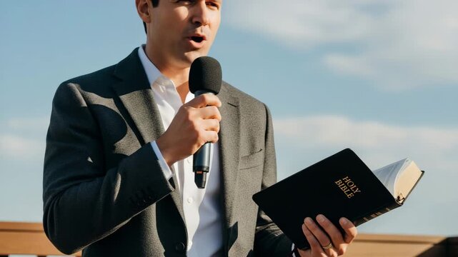 Charismatic modern christian preacher holding microphone and Holy Bible delivering sermon outdoors on the street