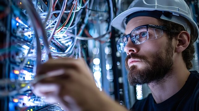 Male it technician wearing safety glasses and a hard hat is connecting network cables in a server rack. Overseeing data infrastructure and cybersecurity operations in a modern data center environment - Powered by Adobe