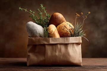 Artisanal bread assortment in a paper bag with fresh herbs