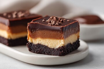 Decadent layered chocolate dessert bar with ganache and crumbly base