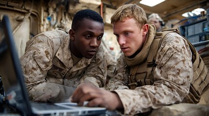 Two soldiers  african american and caucasian  focused on a laptop inside a military vehicle, collaborating on tactical planning, digital intelligence and mission coordination