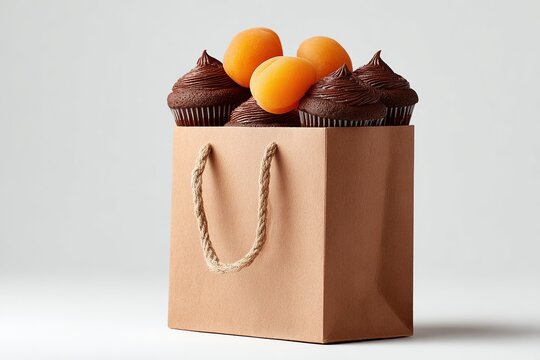 Chocolate cupcakes and fresh apricots in a paper gift bag on a light background - Powered by Adobe