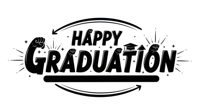 A dynamic black and white illustration celebrating the joyful milestone of academic completion