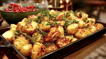 Obraz premium Golden brown baby potatoes are seasoned with fresh rosemary and chopped herbs, showcasing a comforting and delicious side dish prepared for a special meal or festive occasion