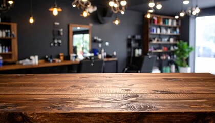 Empty Wooden Table in Blurred Barbershop Interior