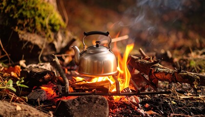Shiny metal kettle boiling water on a campfire in a vibrant autumn forest, ready for a warm drink during outdoor adventure.