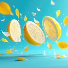 Lemon halves float amid yellow petals, against a bright blue background