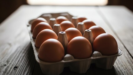 Eggs in cardboard carton on wooden table