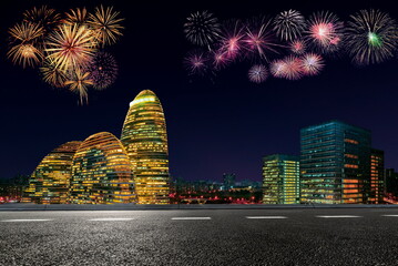 Title: fireworks in the city night road landscape outdoor cityscape celebration hoilday happy new year