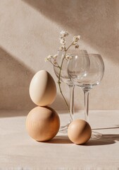 Still life with eggs, wooden ball, wine glasses, and delicate white flowers