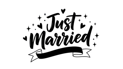 Elegant 'Just Married' script with festive hearts and stars, perfect for wedding celebrations and