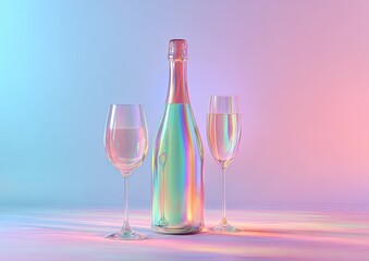Iridescent champagne bottle and glasses against colorful gradient backdrop