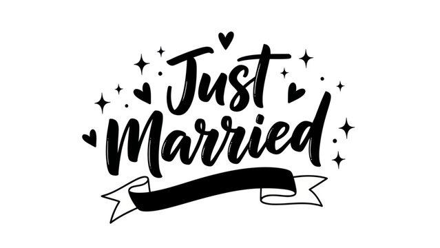 Elegant 'Just Married' script with festive hearts and stars, perfect for wedding celebrations and