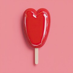 Red heart-shaped ice pop on a stick, centered on a pink background