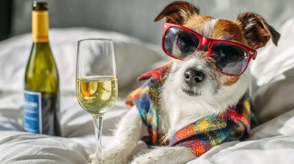 Jack russell terrier dog recovering from a party, resting in bed, embracing morning after exhaustion with style. Hangover