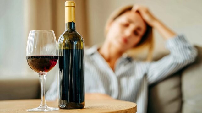 Woman experiencing hangover symptoms after drinking red wine, suffering from a headache and feeling unwell. Hangover