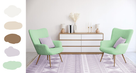 Cozy living room with furniture. Interior design with color of 2026 year and matching shades palette