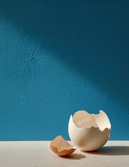 Empty eggshell on a table against a textured blue wall with harsh sunlight