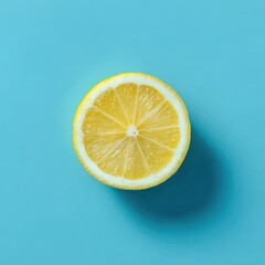 Lemon slice center, overhead view, bright yellow against a pale blue backdrop