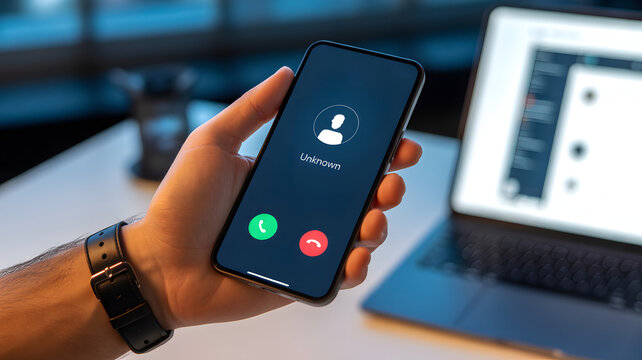Hand holding smartphone with unknown caller on screen in office