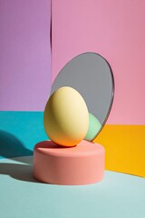 Egg on pedestal, mirrored, against colorful backdrop in simple geometric planes