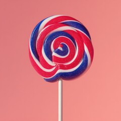 Swirled red, white, and blue lollipop on a stick against a pastel pink background