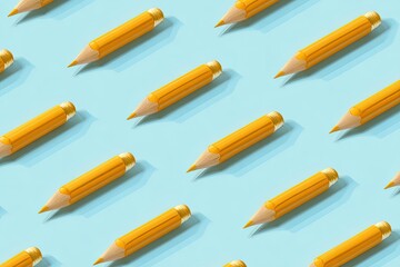 Yellow pencils on blue background, angled with shadows forming repeating pattern