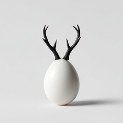 Egg with miniature black antlers on a white background, clean, minimalist