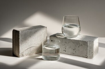 Minimalist still life water glasses on concrete blocks, light and shadow play