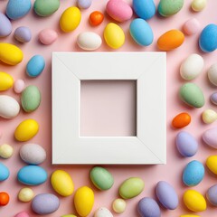 Pastel Easter eggs surround a white square frame on light pink backdrop