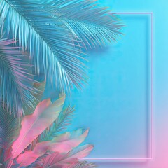 Vaporwave leaves and frame, soft blue background
