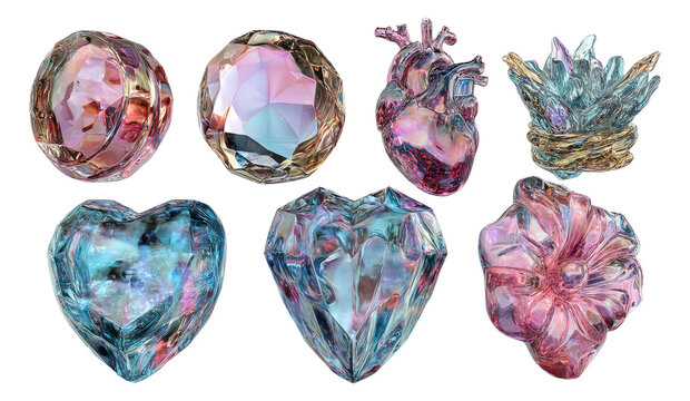 Glossy Valentine Medallions with Sculpted Heart and Floral Designs in 7D Illustration