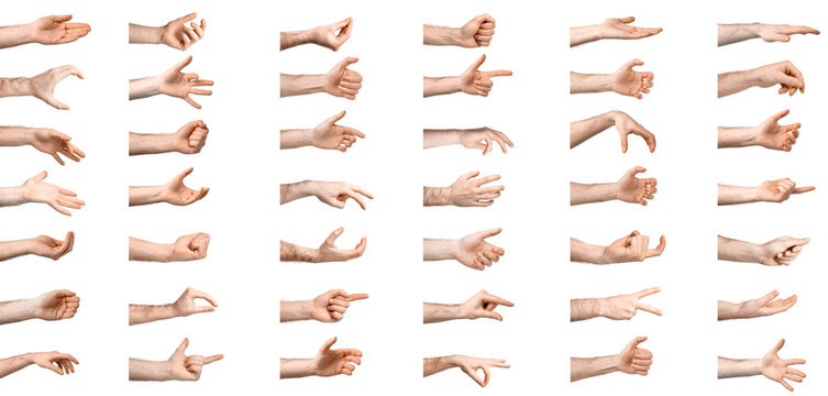 Male hands isolated on white. Collection of gestures