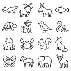 Fototapeta premium Animal Icons Collection: A collection of simple black and white animal icons, perfect for educational materials, design projects, and branding needs. Featuring diverse creatures.