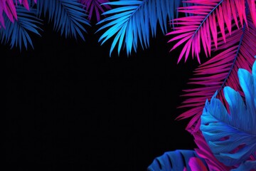 Neon-lit tropic leaves, pink & blue, against a black backdrop, corner frame