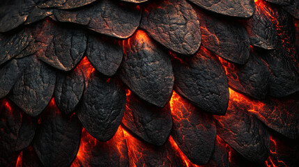Charred black scales with glowing embers underneath, evoking intense heat and power