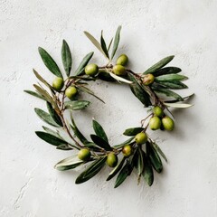 Olive branch wreath on textured white background, soft natural lighting