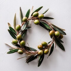 Wreath of olive branches & green olives against a plain white background