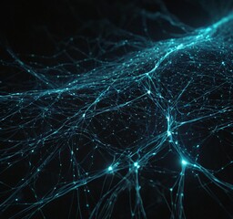Abstract visualization of artificial intelligence as a glowing neural network with flowing data streams, dark background