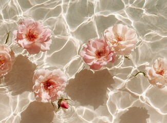 Pink roses float atop shimmering water with light reflections