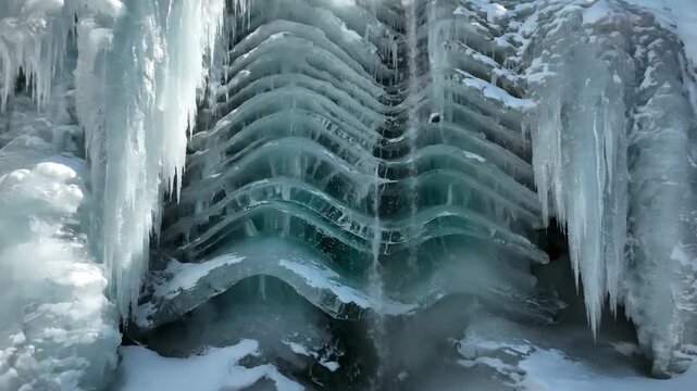 Majestic frozen waterfall showcasing intricate ice formations and surrounding winter forest scenery