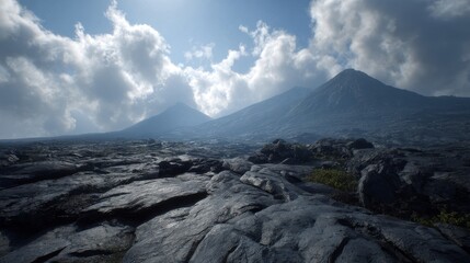Vast volcanic plains stretching towards distant smoky mountains under a cloudy sky.