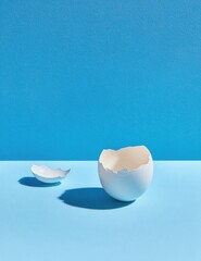 Broken eggshell halves sit on a light blue surface, cast shadows, minimal