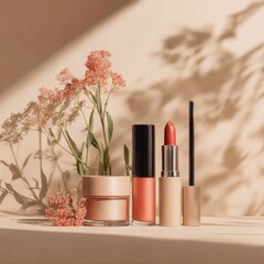 Peach-toned makeup set with coral flowers and leaf shadows on soft backdrop