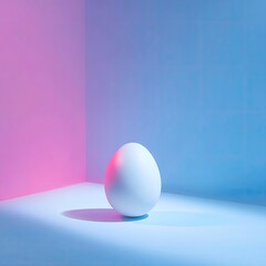 Egg stands in corner room lit by pink and blue, abstract minimal art