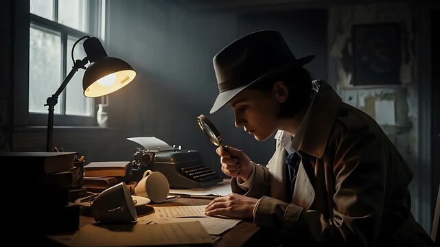 noir detective at vintage desk examining clues with magnifying glass under warm lamp