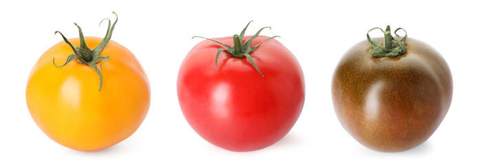Fresh tomatoes of different colors isolated on white, set